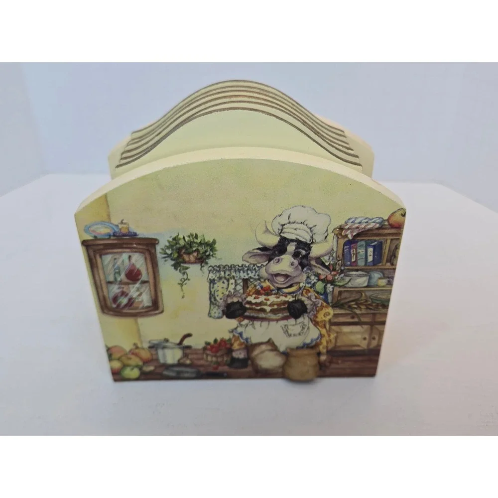 Vintage Chef Cow Wooden Coaster Set with Holder 6 Piece Cork‎ Inlay 3D Cat